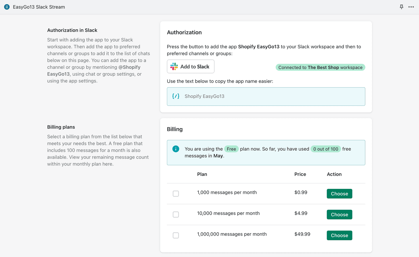 EasyGo13 Slack Stream Installation Interface